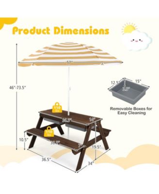 3-in-1 Kids Picnic Table Wooden Outdoor Sand & Water Table with Umbrella Play Boxes