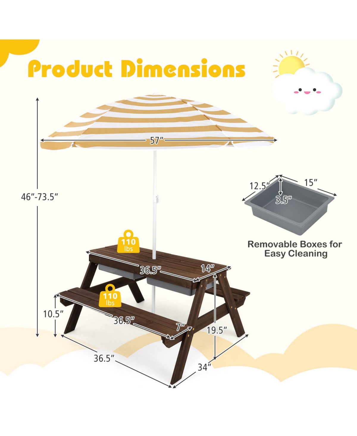 Costway 3-in-1 Kids Picnic Table Outdoor Water Sand Table w/ Umbrella Play Boxes