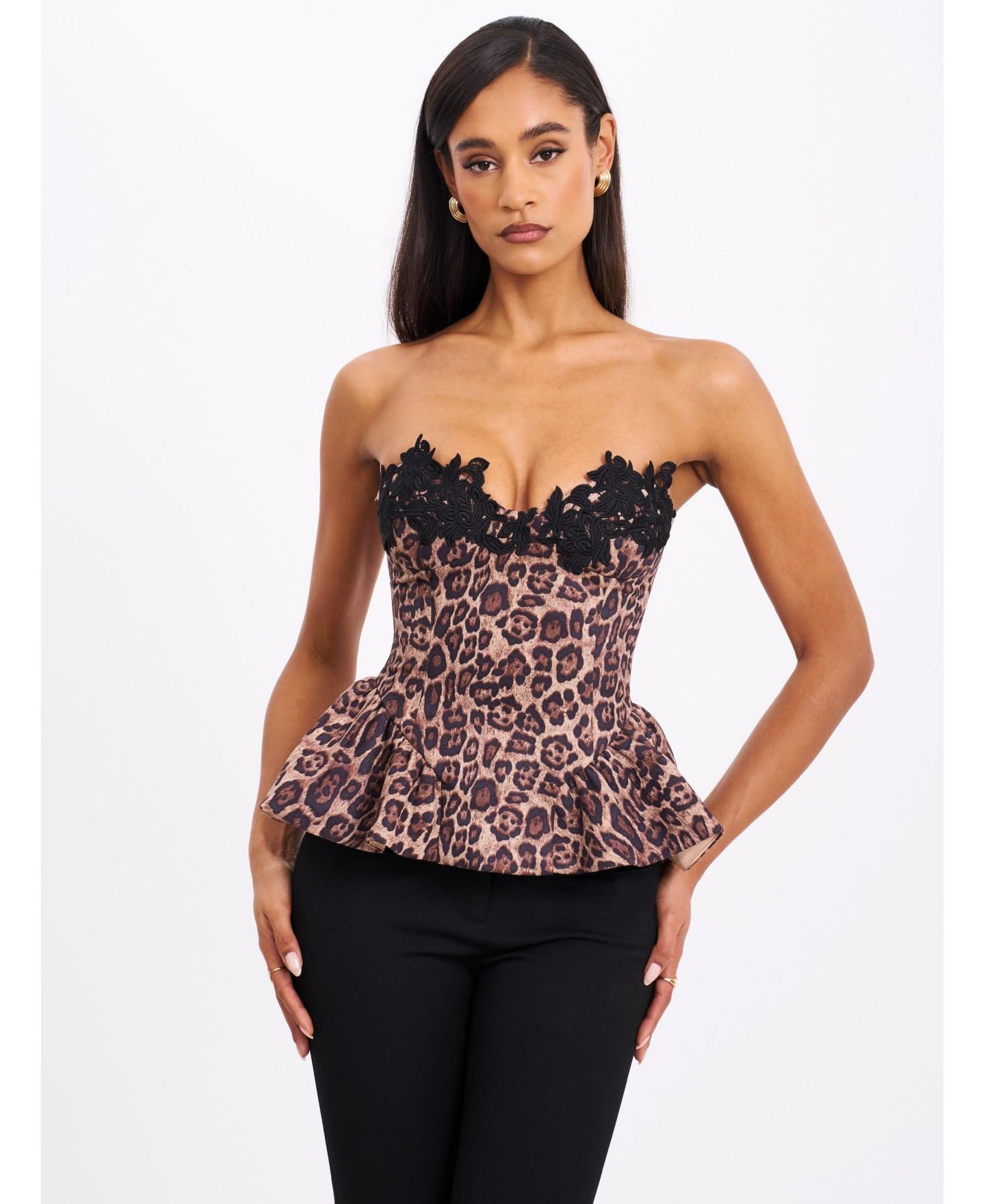 Женский топ Miss Circle Qiara Cheetah Print Peplum with Lace Trim, цвет: Коричневый — фото 5