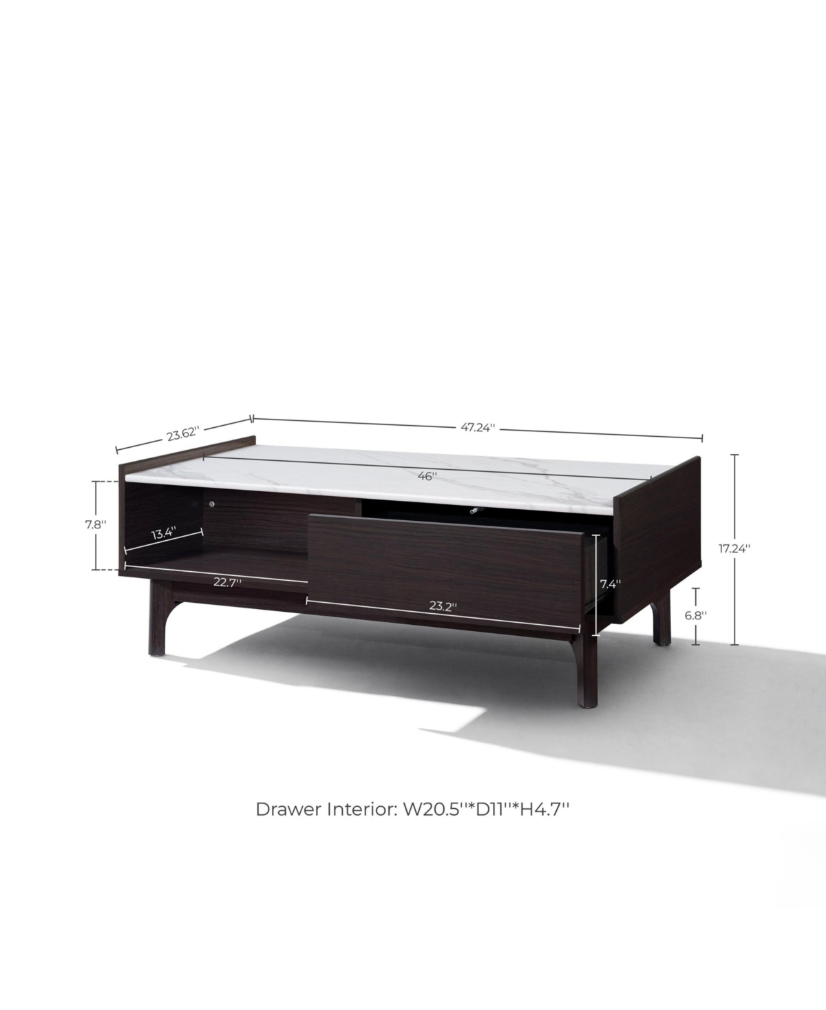 LuxenHome Modi Wenge Coffee Table with 1 Door, Open Storage & Raised Sides, Faux Marble Top, Manufactured Wood