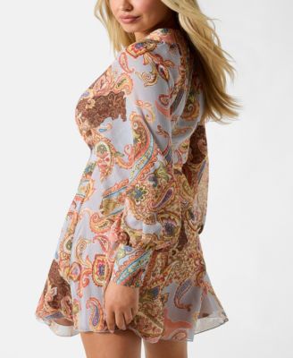 Women's Long-Sleeve Paisley V-Neck Short Dress