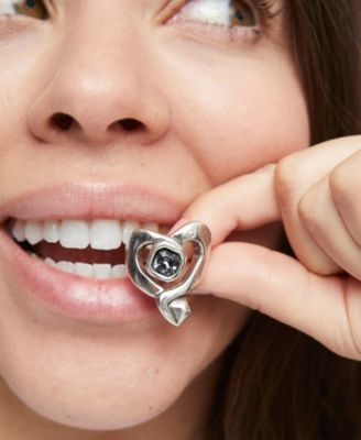 Silver-Plated Ring with Large Heart and Black Crystal Center