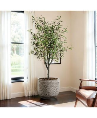 Stone Speckle Textured Ceramic Planter, 15.75" Gray Grid-Pattern Pot for Indoor/Outdoor Decor