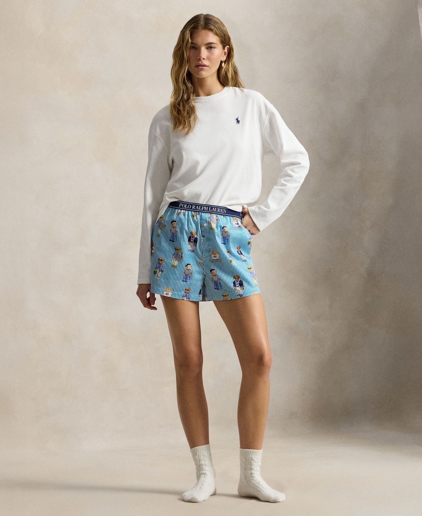 Женские пижамные боксеры Polo Ralph Lauren в полоску с принтом медведей, цвет: Аквамариновый туманный — фото 7