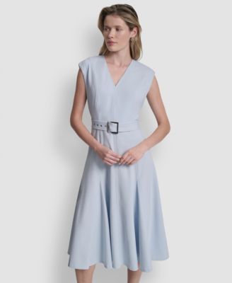 Women's Sleeveless V-Neck Belted Midi Dress