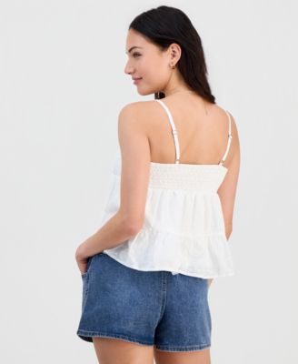 Juniors' V-Neck Cotton Eyelet Babydoll Tiered Top 