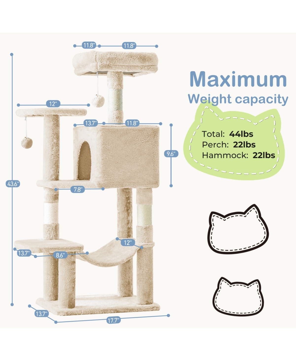 Zeus & Ruta 44in Cat Tree Tower: Multi-Cat Climbing, Sisal Posts, Extended Platform, Hammock