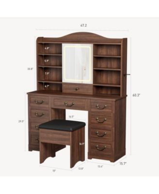 47 Inch Wide 8 Shelves Makeup Vanity Desk and Chair comes Mirror and Lights for Bedrooms, Apartments, Easy to Assemble