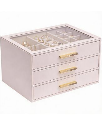 3 Layer Leather Jewelry Box with Clear Lid and Gold Hardware