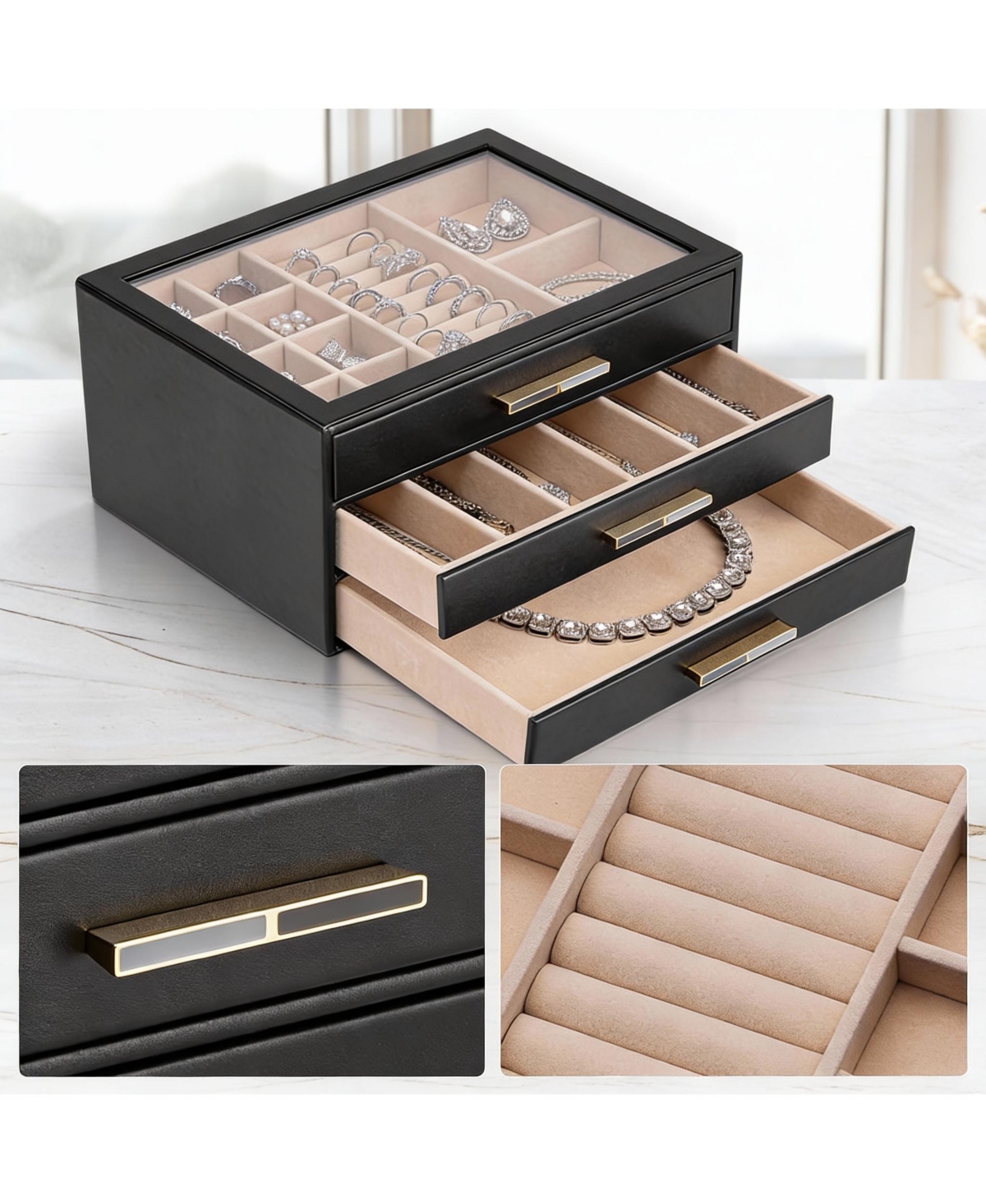 Yigii 3 Layer Leather Jewelry Box with Clear Lid and Gold Hardware