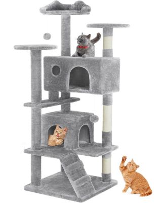 54" Light Grey Cat Tree Tower: Multi-Level, Sisal Post, Ladder, Plush Toys, Rest & Play