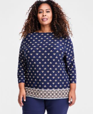 Plus Size Printed Jacquard 3/4-Sleeve Top