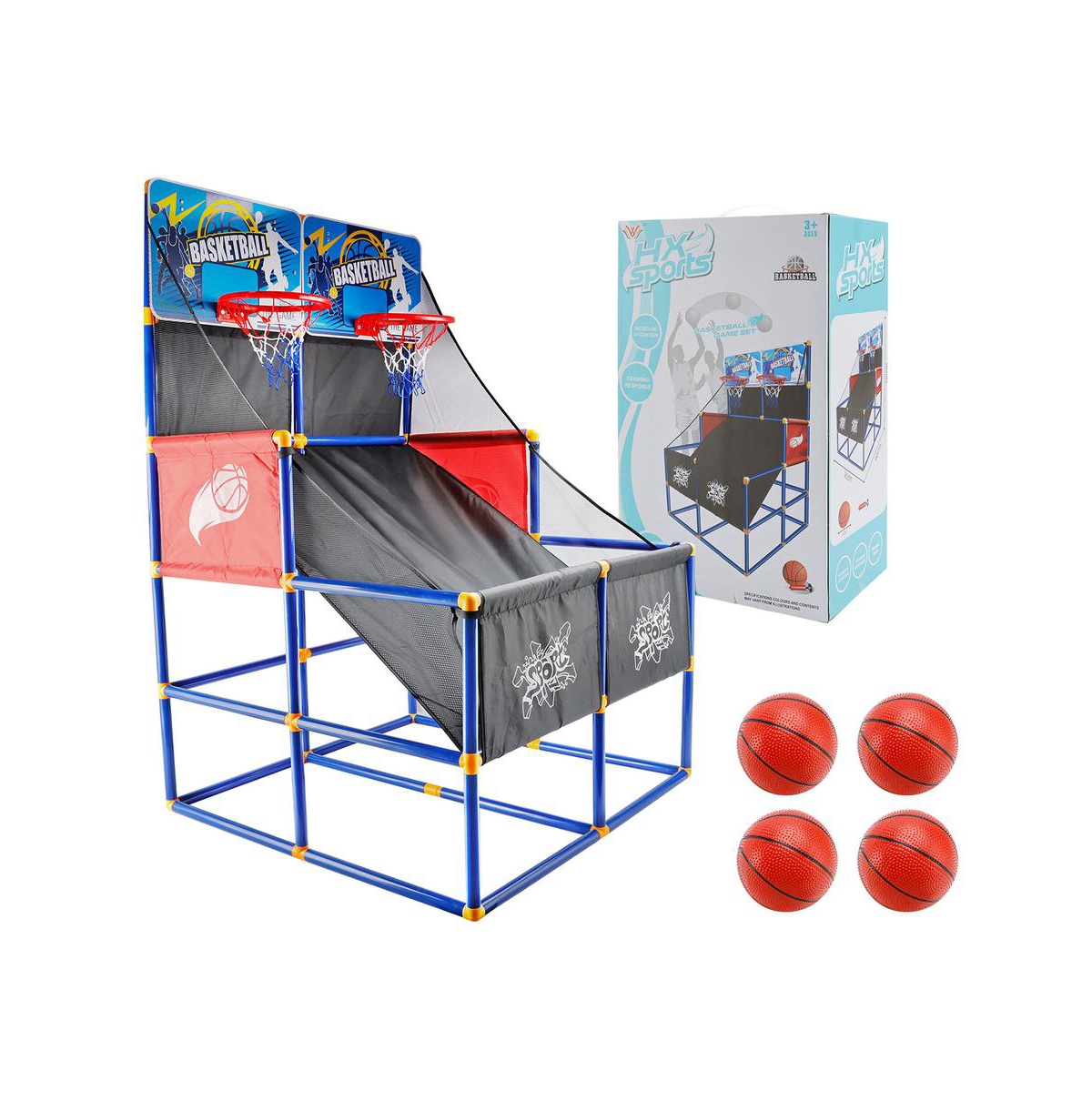 Bruce & Shark Double Hoop Basketball Arcade Game for Kids, Indoor/Outdoor Sports Toy with 4 Balls & Pump