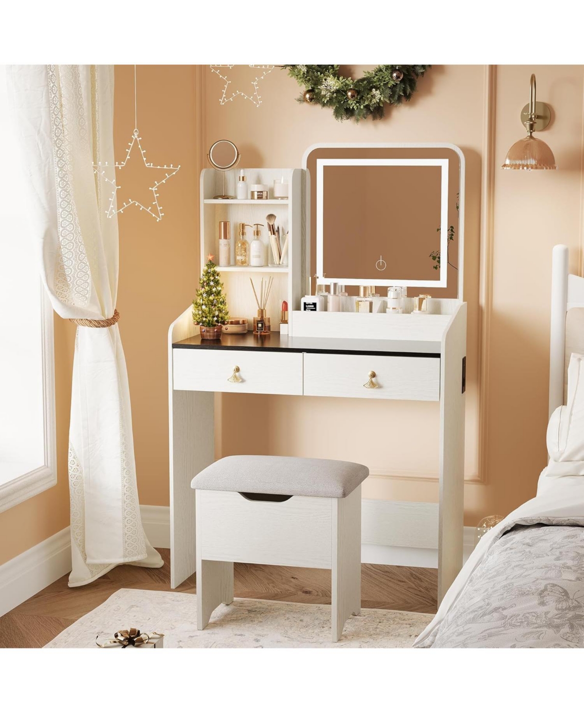 Gaomon Vanity Desk Mirror Lights and Charging Station Modern Vanity Set for Bedrooms, Apartments, Easy to Assemble