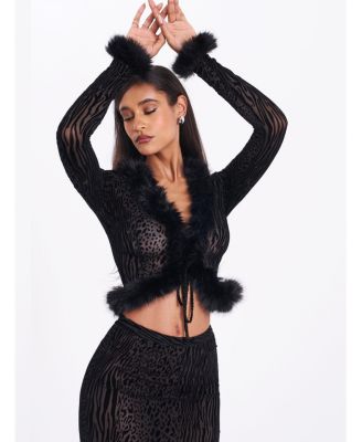 Women's Hali Black Animal Print Burnout Velvet Fur Trim Top