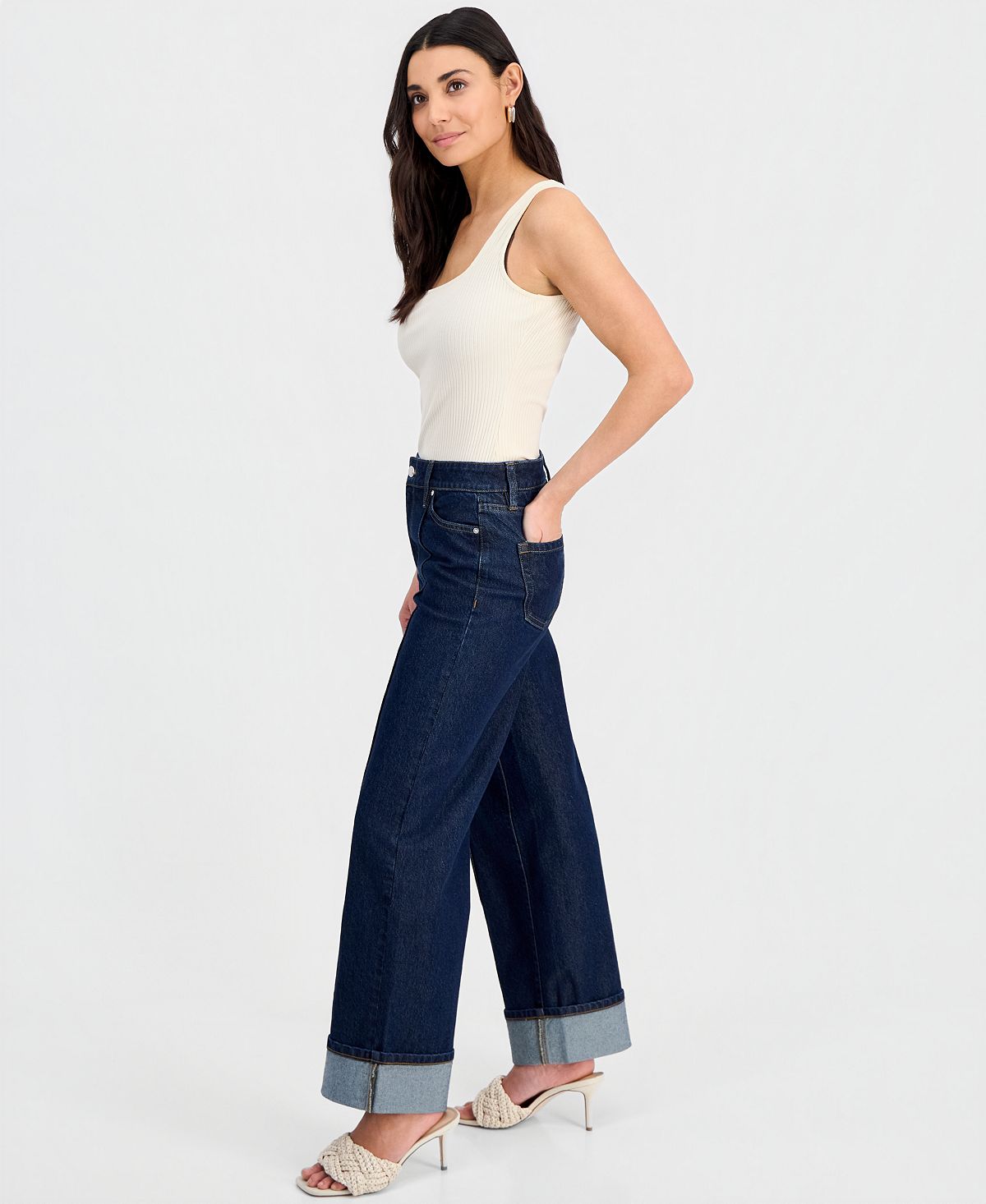 I.N.C. International Concepts Petite High-Rise Pintuck Cuffed Wide-Leg Jeans, Created for Macy's view 5 — MAYCSS fashion products