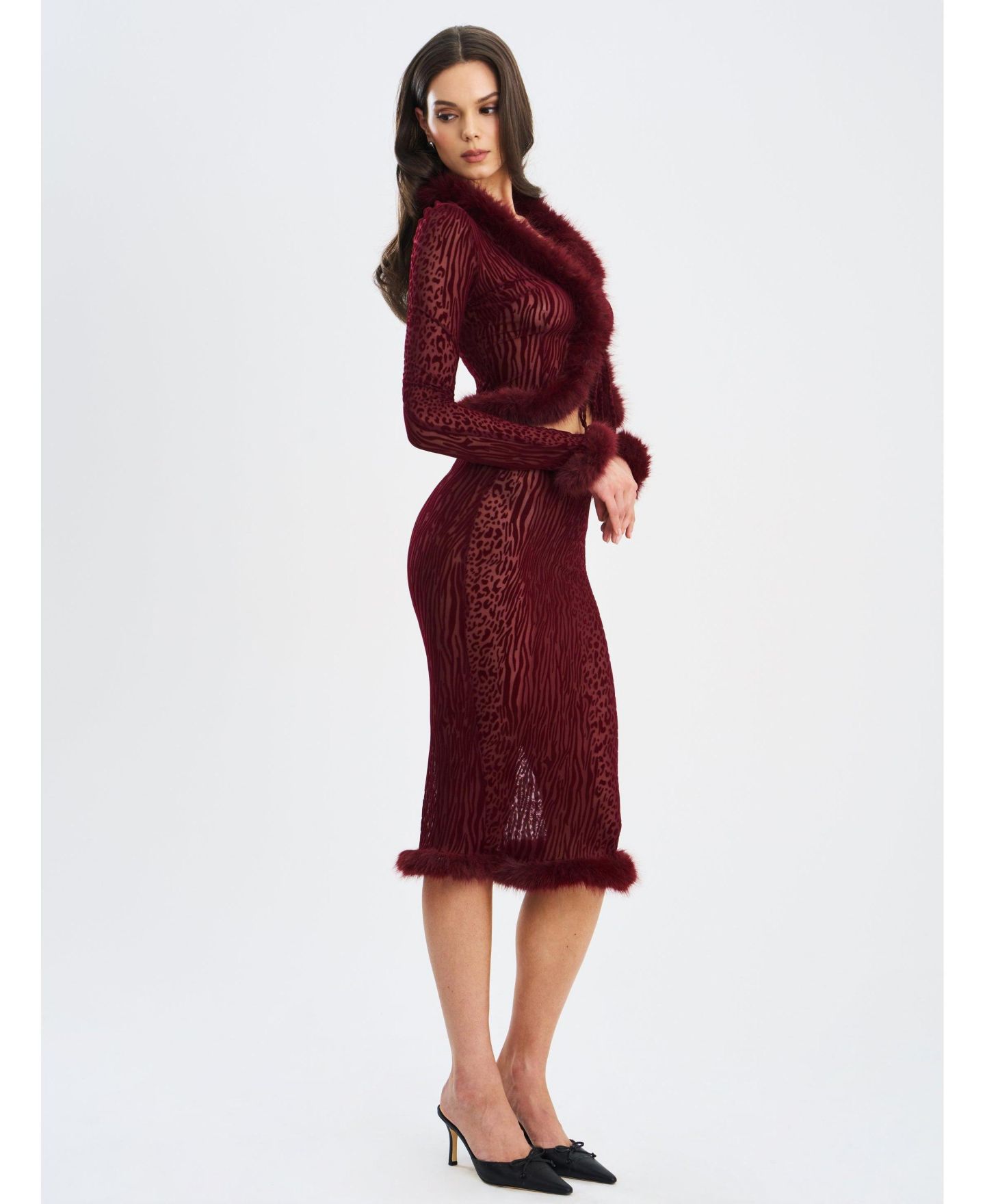 Женская юбка Miss Circle Halia Burgundy Animal Print Burnout Velvet Fur Trim — фото 4