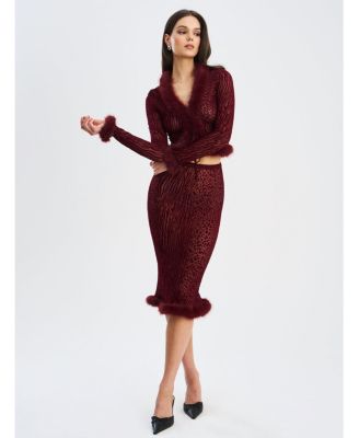 Women's Hali Burgundy Animal Print Burnout Velvet Fur Trim Top