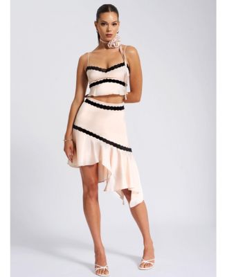 Women's Yareli Beige Lace Trim Satin Strappy Top