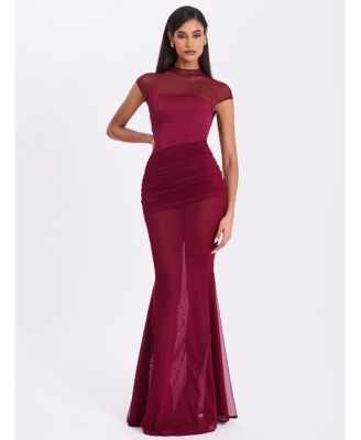 Women's Fabienne Burgundy Mesh Cap Sleeve Mermaid Gown