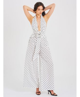Women's Oriana White Polka Dots Halter Jumpsuit