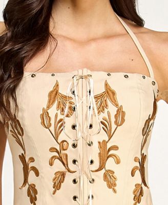 Juniors' Embroidered Lace Up Halter Neck Corset With Nail Heads Skirt