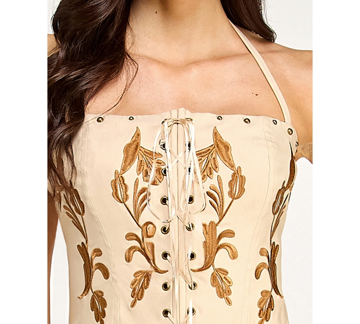 Seni & Cade Juniors' Embroidered Lace Up Halter Neck Corset With Nail Heads Skirt