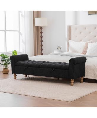 Modern Upholstered Storage Bench with Double Lids & Rolled Armrest - Black