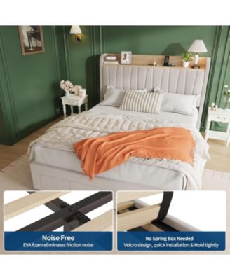  Upholstered Platform Bed Frame with Storage Drawers and Charging Station Headboard, No Box Spring Needed, Easy Assembly