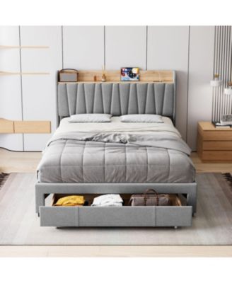  Upholstered Platform Bed Frame with Storage Drawers and Charging Station Headboard, No Box Spring Needed, Easy Assembly