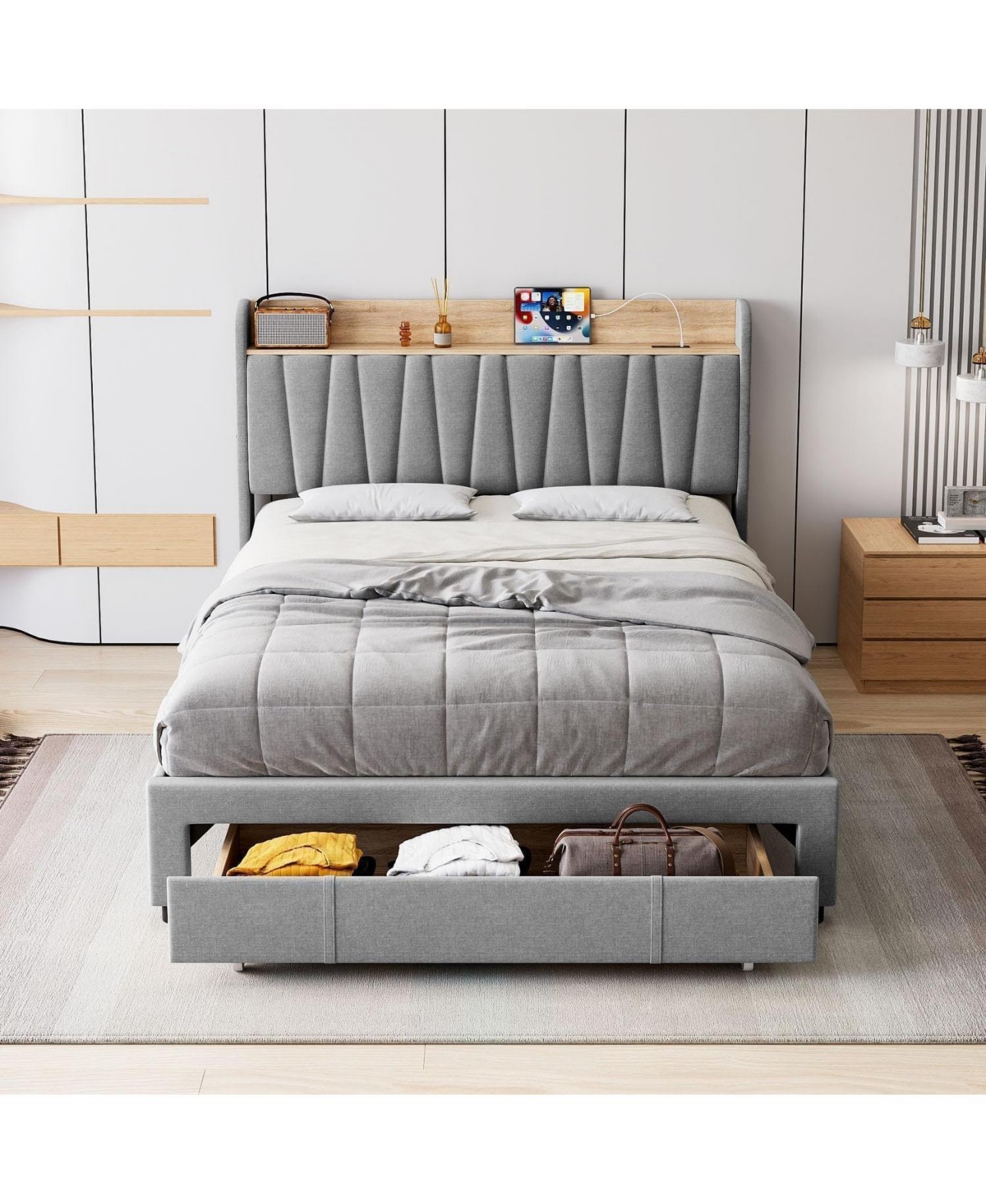 gaomon Upholstered Platform Bed Frame with Storage Drawers and Charging Station Headboard, No Box Spring Needed