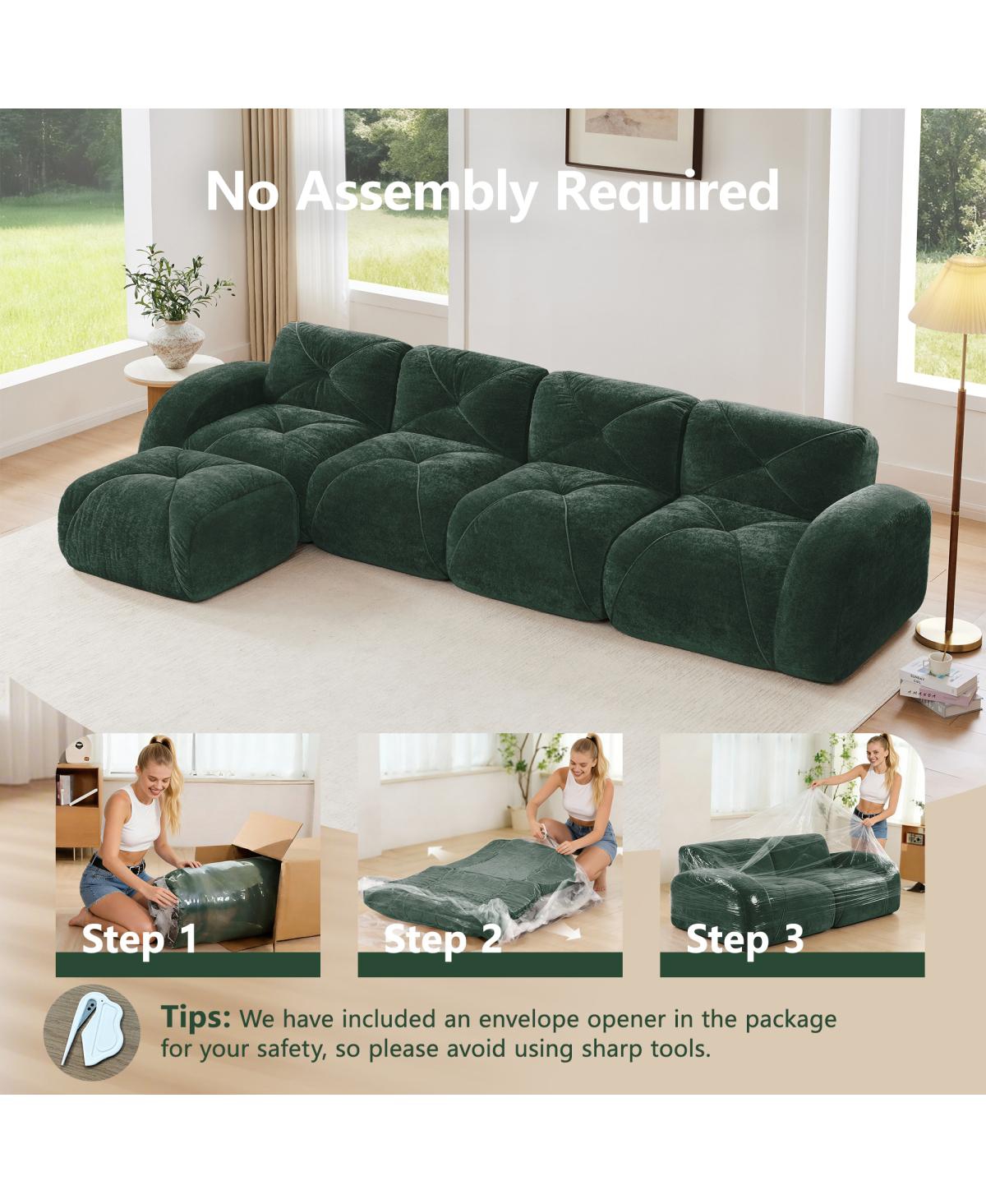 Streamdale Furniture L-shaped Velvet Tufted Sofa with Movable Ottoman