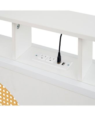 Twin Bed Frame with Headboard, LED & Charging Station, Rattan Headboard