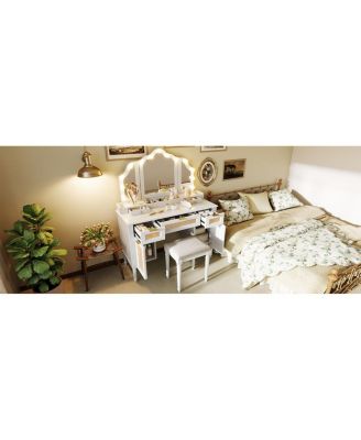 Makeup Vanity Desk with 13 Hollywood Bulbs, 3 Lighting Modes, Tri-Fold Mirror, 5 Drawers