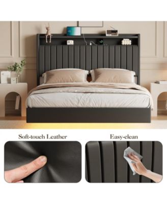 Floating Bed Frame with LED Lights and Charging Station,Upholstered Platform Bed Frame with Headboard and Storage Shelf - Full
