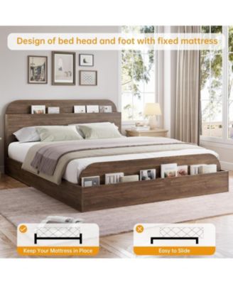 Wooden Bed Frame with Storage Headboard & Raised Footboard, Low Platform Design, Sturdy Slats Support