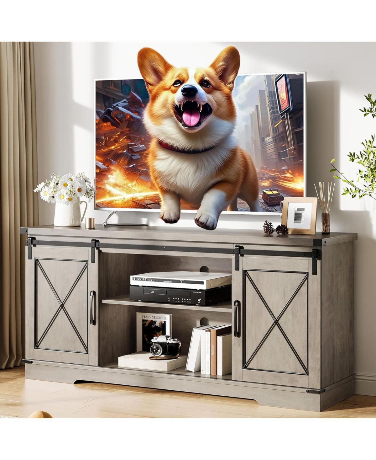 gaomon Farmhouse Tv Stand for up to 65 Inches, Entertainment Center with Sliding Barn Doors and Adjustable Shelf