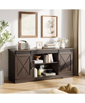 Farmhouse TV Stand for TV up to 65 Inches, Entertainment Center with Sliding Barn Doors and Adjustable Shelf