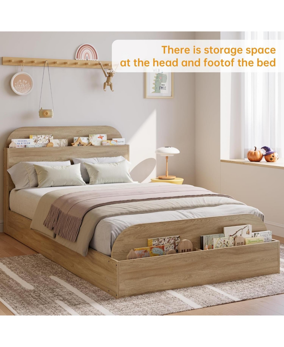 gaomon Wooden Bed Frame with Storage Headboard & Raised Footboard, Low Platform Design