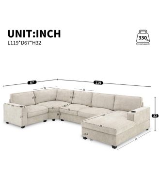 U-Shaped Sectional Sofa, 6 Seat Chenille Corner Couch with Cup Holders & Chaise