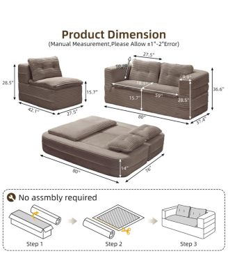 Multi-Functional Corduroy Sectional Sofa Bed with Chaise Lounge, 80" King Size
