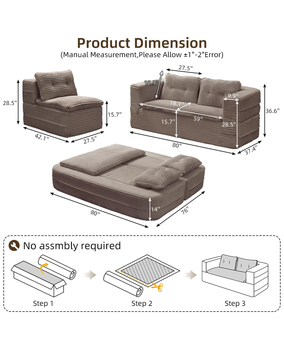 Streamdale Furniture Multi-Functional Corduroy Sectional Sofa Bed with Chaise Lounge, 80" King Size