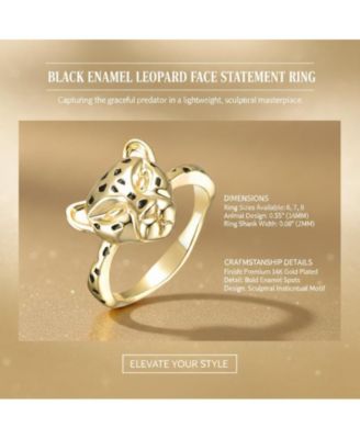 Black Enamel Leopard Face Statement Ring in 14K Gold Plated