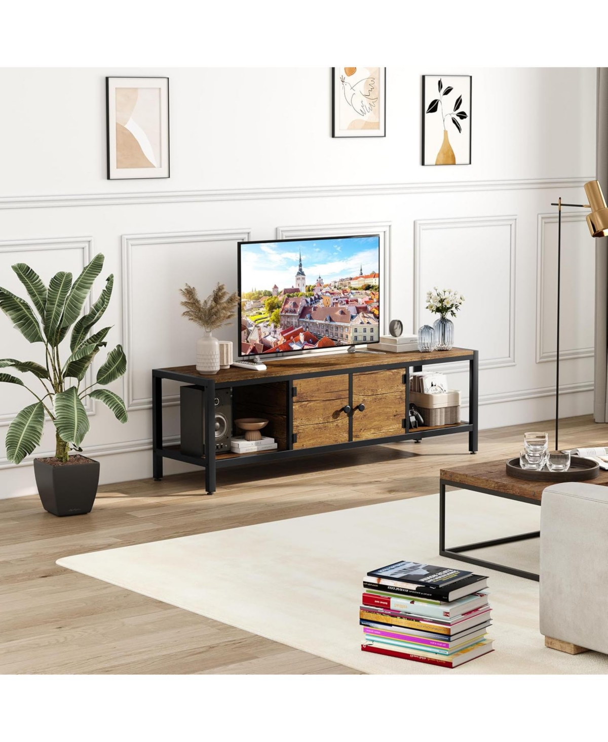 gaomon 58 Inch Tv Stand with Storage, Entertainment Center Adjustable Legs, Console up to 65 Open Shelves