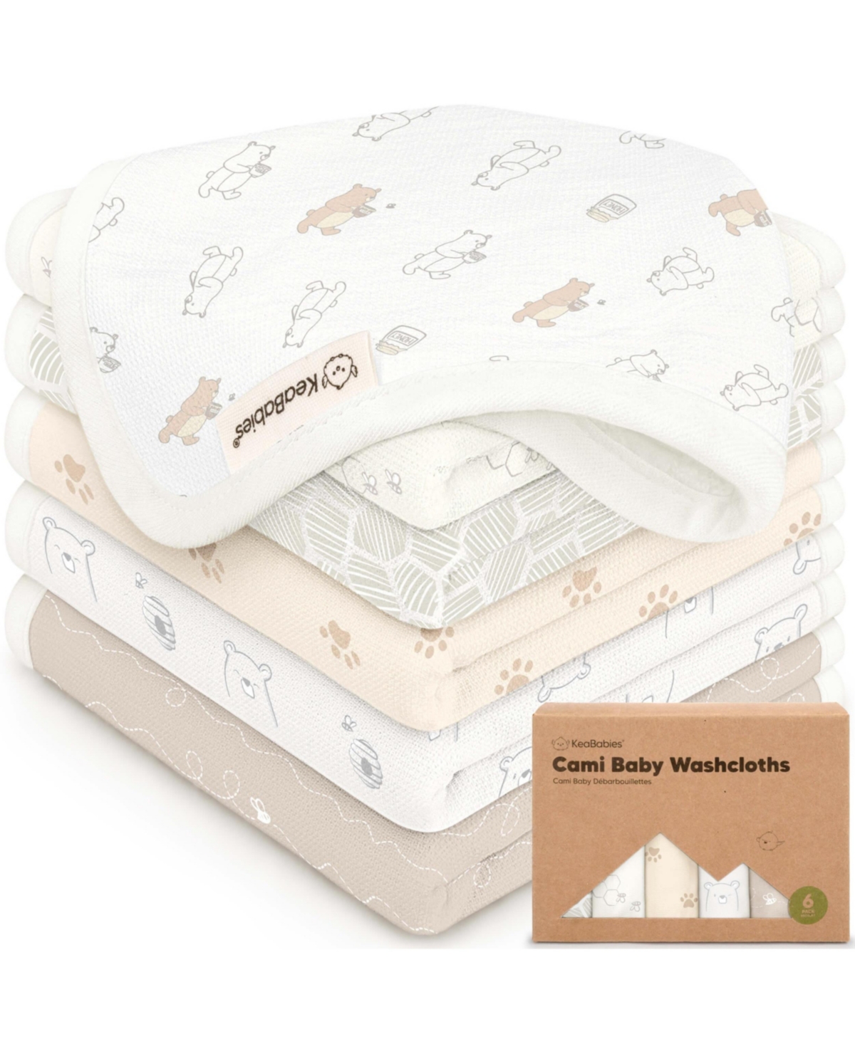 KeaBabies 6-Pack Cami Baby Washcloths for Newborn, Cotton Face Wash Cloths Babies, Soft & Absorbent Bath Towels