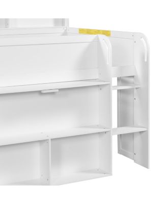  Wood Full Size Loft bed with Multiple Storage Shelves, Desk and LED