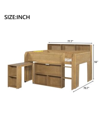 Wood Full Size Loft bed with Multiple Storage Shelves, Desk and LED