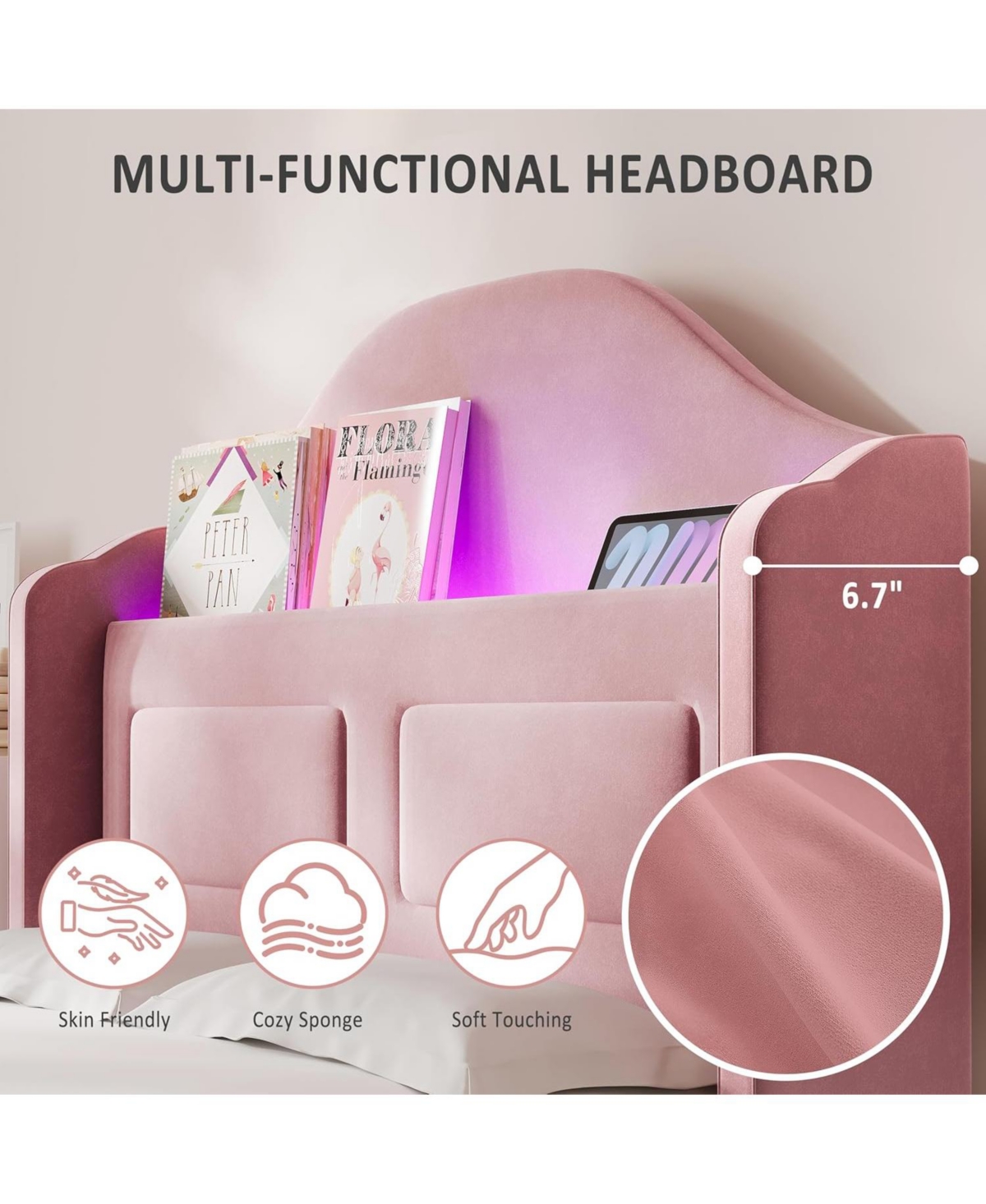 gaomon Twin Bed Frame for Kids,Upholstered Velvet Platform Bed with Wingback Headboard,Led Light and Storage Bookcase Headboard