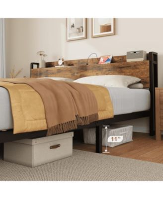 King Size Bed Frame Charging Station with 2 USB Ports & 2 AC Outlets, Heavy Duty Metal Bed Frame with Wooden Headboard and Footboard