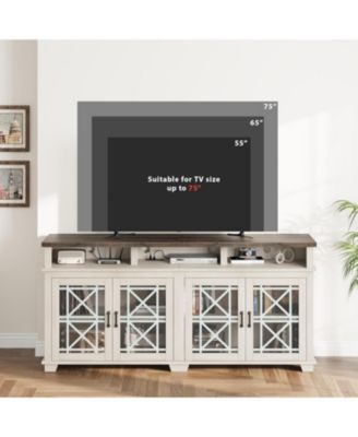 Farmhouse TV Stand for 81 Inch, Mid Century Modern Entertainment Center with LED Lights and Storage, Wooden Media Console Cabinet